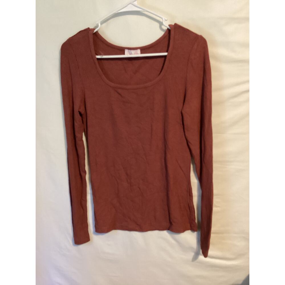 1742  Pink Lady Womens Long Sleeve Ribbed T-shirt Brownish Maroon Size Medium